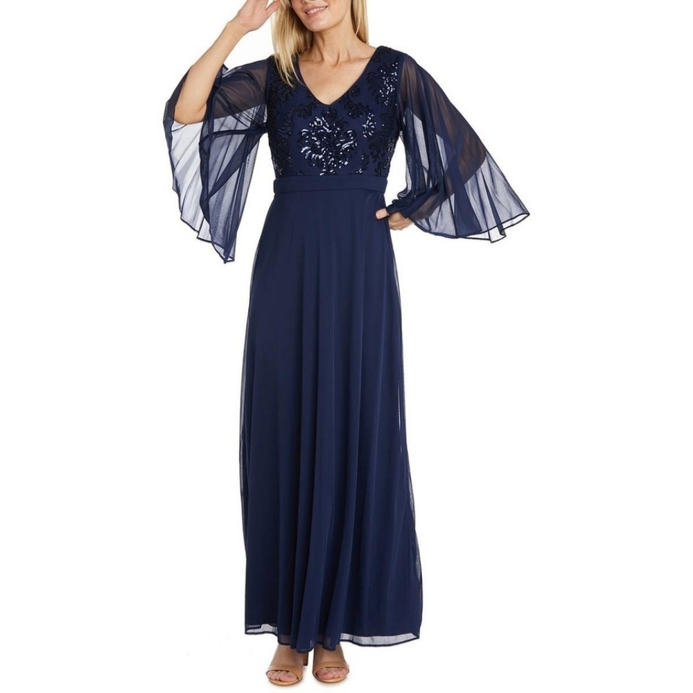NWT R&M Richards Fleur de Lis Sequin Bodice Dress With Cape Sleeves Navy 10